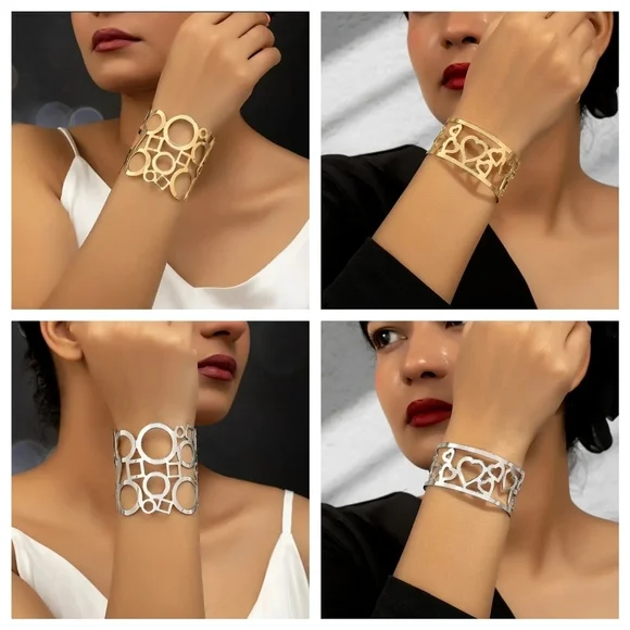 Cuff Bracelet 14K Gold Plated Art Deco Geometric Design - Picture 7 of 8